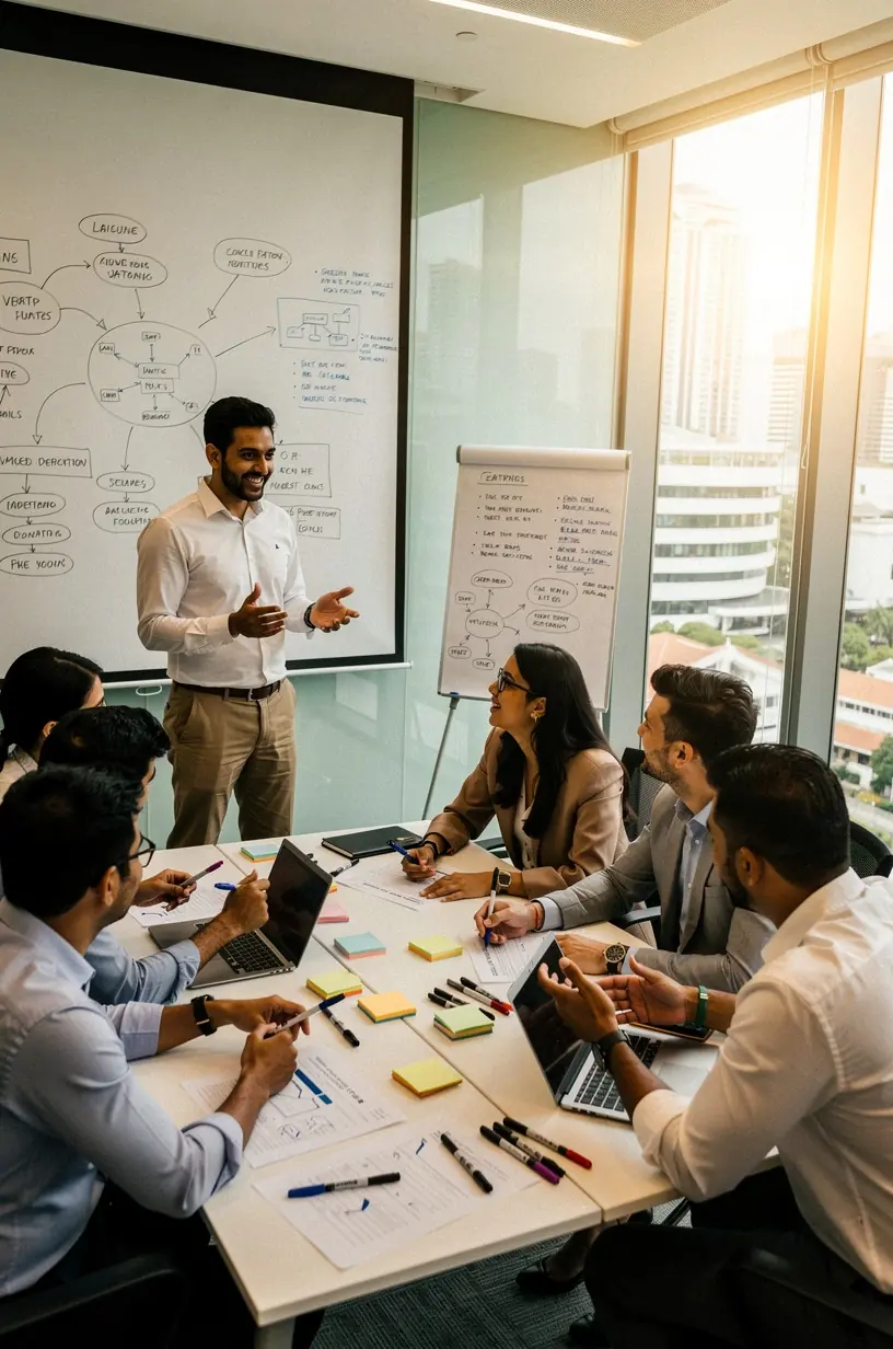 Confident executive presenting actionable career advancement tips during a seminar